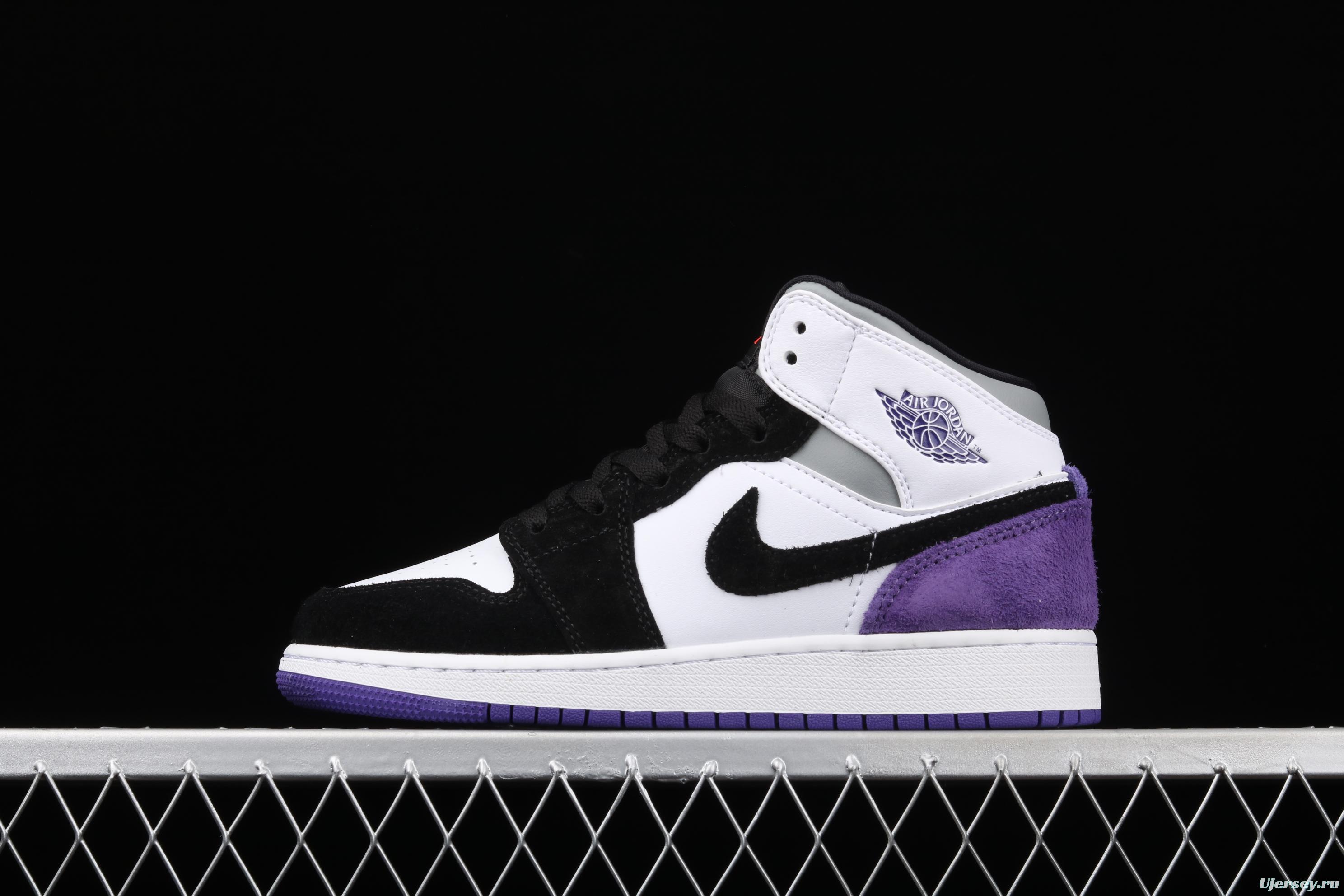 Air Jordan 1 Mid GS black, white and purple Zhongbang basketball shoes BQ6931-105