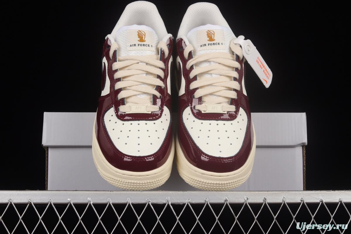 NIKE Air Force 1'07 Low white wine red patent leather low-top casual sneakers DQ8583-100