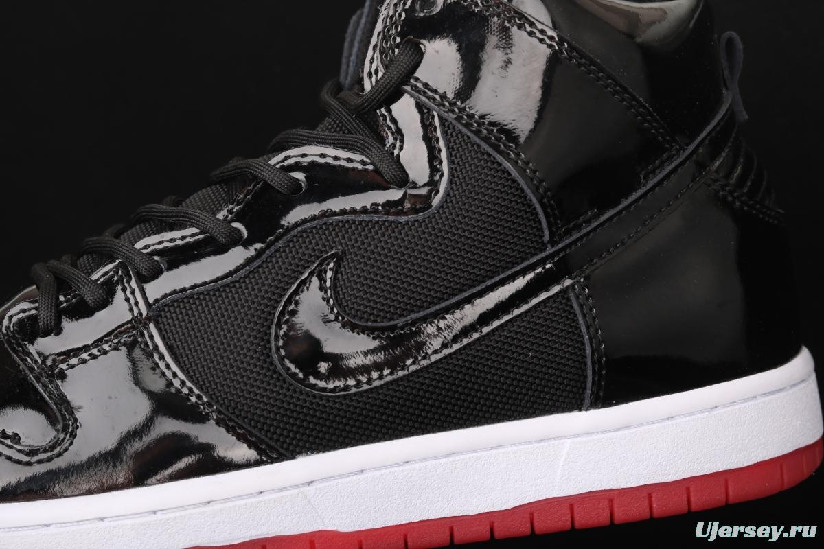 NIKE SB DUNK High Premium lacquered leather black and red high top casual skateboard shoes AJ7730-001