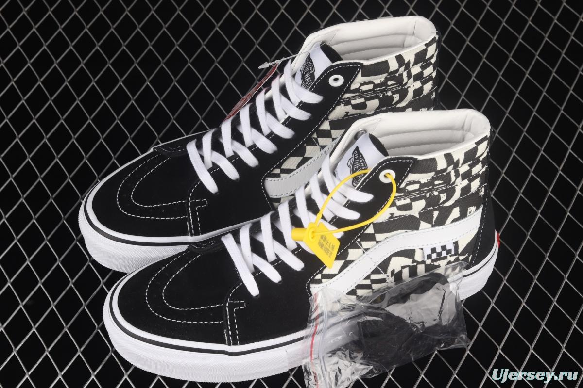 Vans Sk8-Hi black and white checkerboard lattice side stripes high-top casual board shoes VN0A5FCC9CU