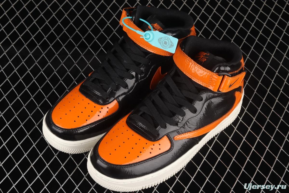 NIKE Air Force 1o07 Mid lacquered leather black orange color counterhook Zhongbang casual board shoes 804609-188