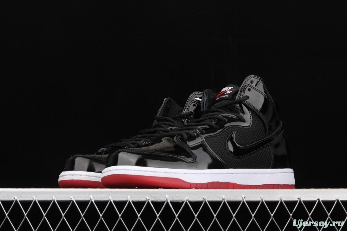 NIKE SB DUNK High Premium lacquered leather black and red high top casual skateboard shoes AJ7730-001