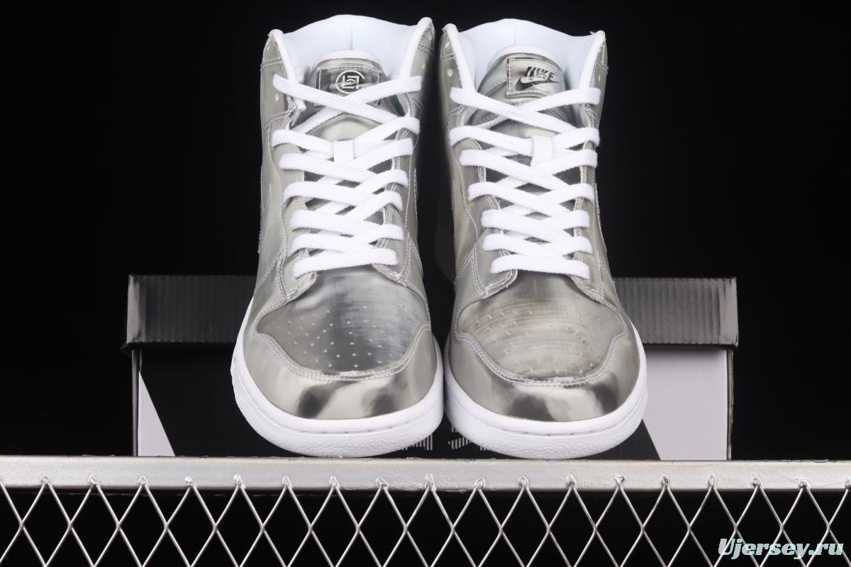 Clot x Nike DUNK High ICE Guanxi co-signed metal silver flash card color matching high-top skateboard shoes DH4444-900