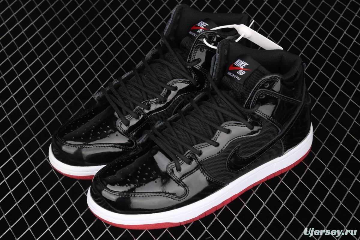 NIKE SB DUNK High Premium lacquered leather black and red high top casual skateboard shoes AJ7730-001