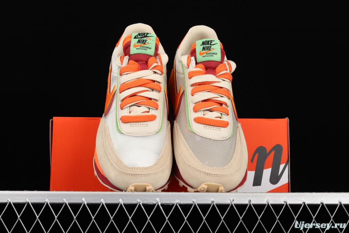 CLOT x Sacai x NIKE LDWaffle Net Orange Blaze joint overlapping design avant-garde waffle deformation rice orange color match casual jogging shoes DH1347-100