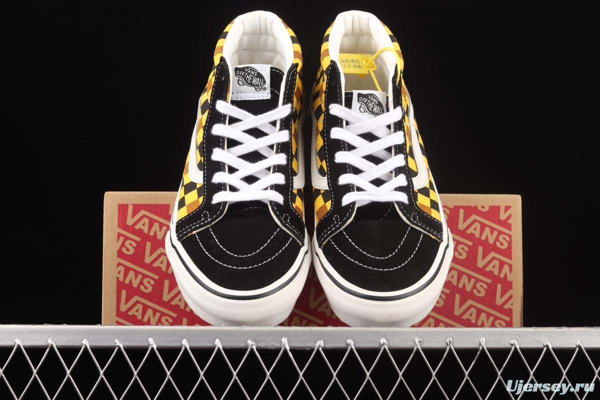 Vans Sk8-Mid Vance black, blue, orange and yellow plaid casual board shoes VN0A3WM3SW1