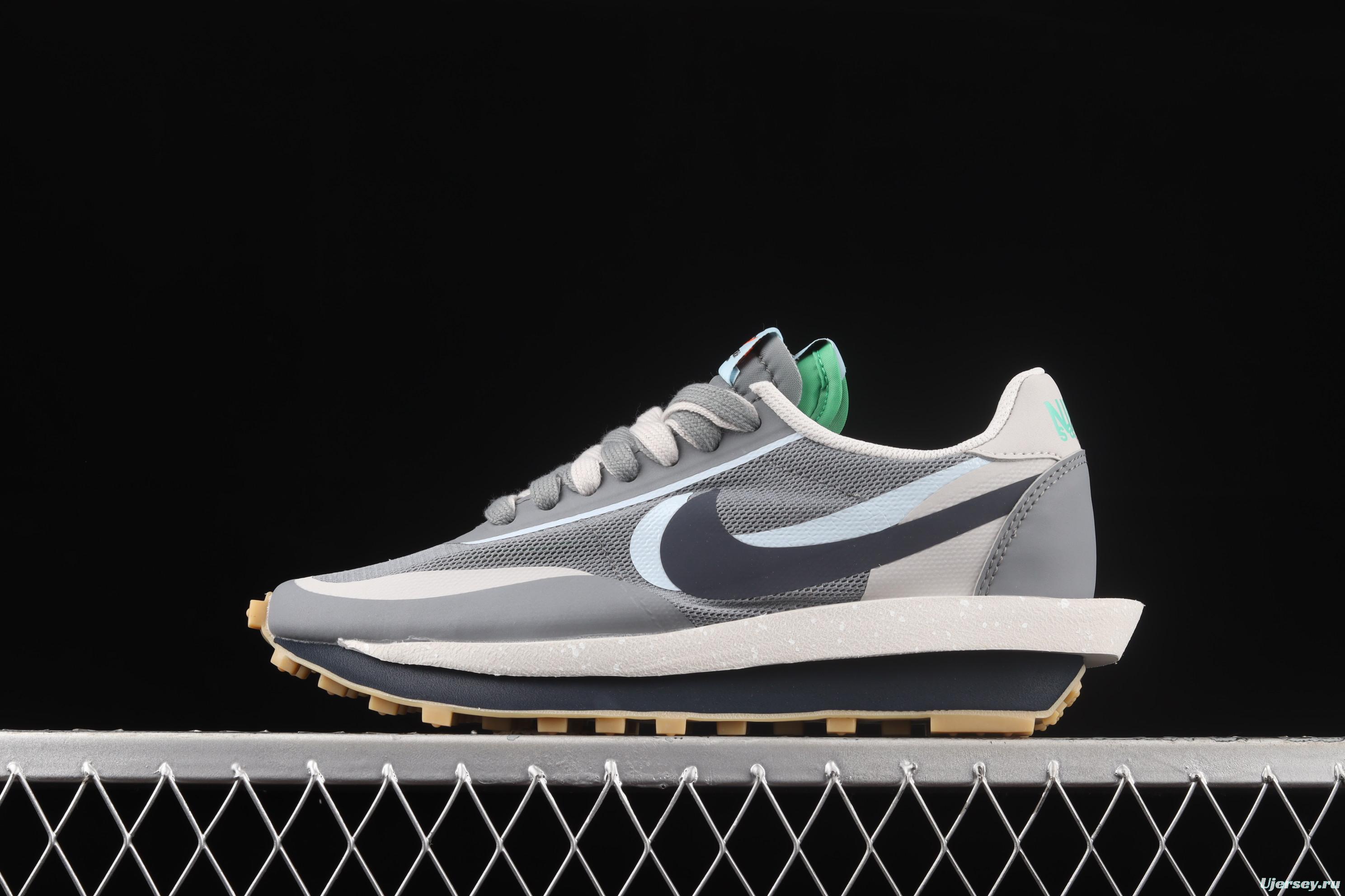 Clot x Sacai x NIKE LDWaffle Cool Grey gray and blue deconstruction tripartite joint name waffle double hook catwalk style casual shoes DH3114-001