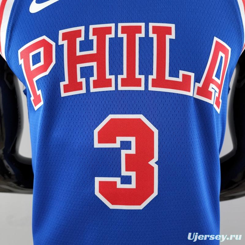 Retro Philadelphia 76ers Iverson #3 Crew Neck Blue NBA Jersey 