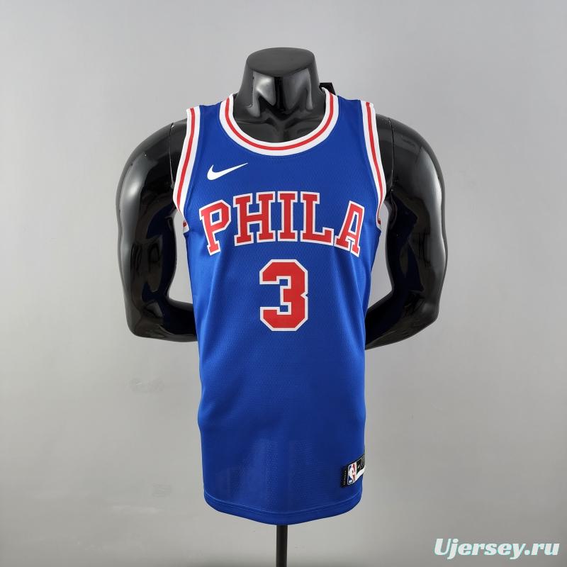 Retro Philadelphia 76ers Iverson #3 Crew Neck Blue NBA Jersey 