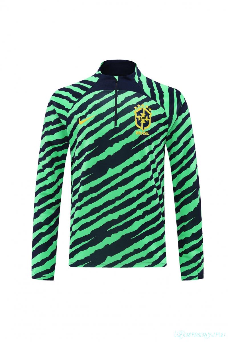 2022 Brazil Green Stripe Half Zipper Tracksuit