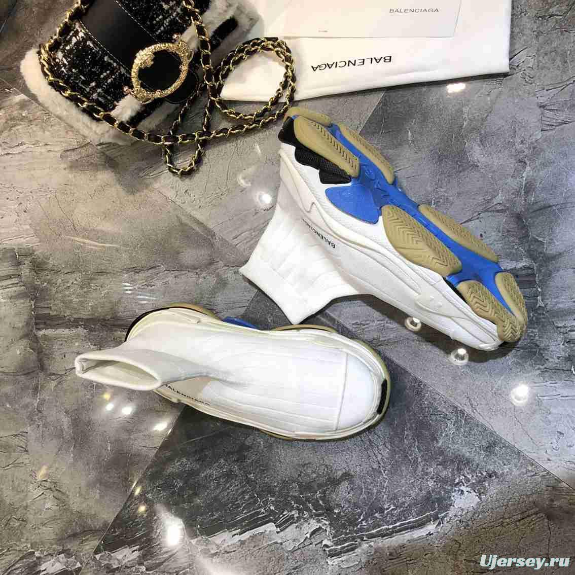 Men/Women Balenciaga White Speed Sneaker Blue/Yellow Sole Item 6380270