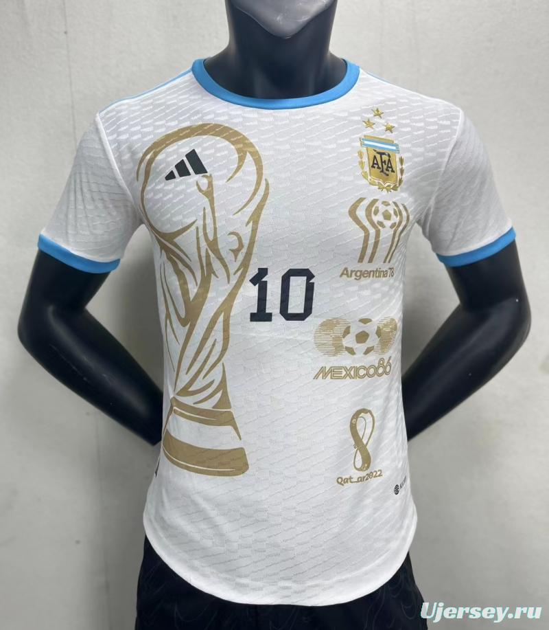 Player Version 3 Stars Argentina White Training Jersey With Number 10 Printing