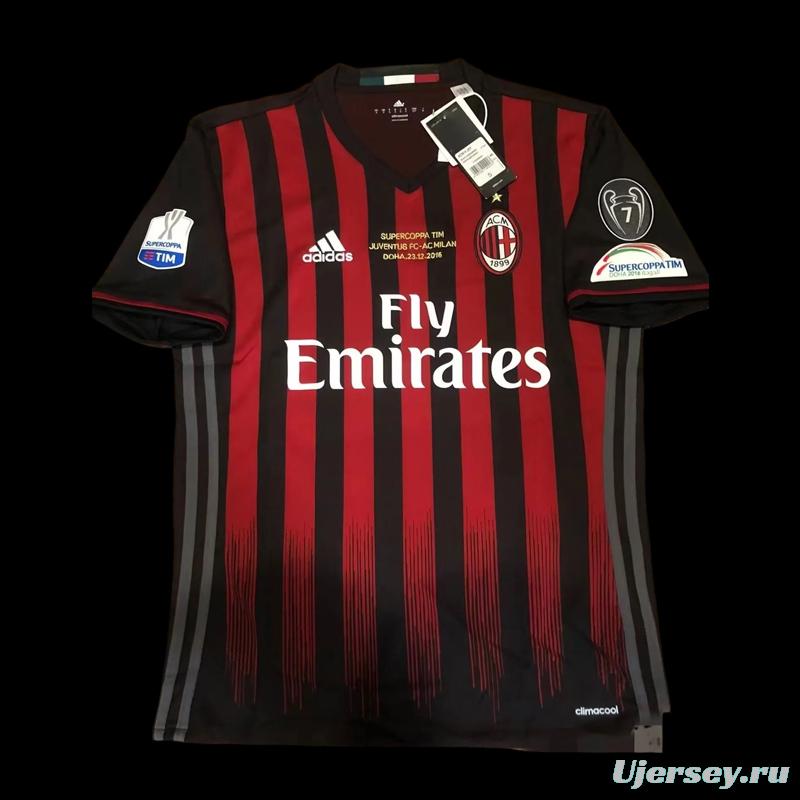 Retro 16 17 AC Milan Home Jersey Supercoppa TIM Juventus VS AC Milan With Supercoppa Full Patch