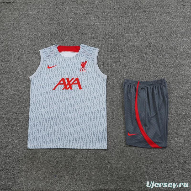 23-24 Liverpool White/Grey Grid Vest Jersey+Shorts