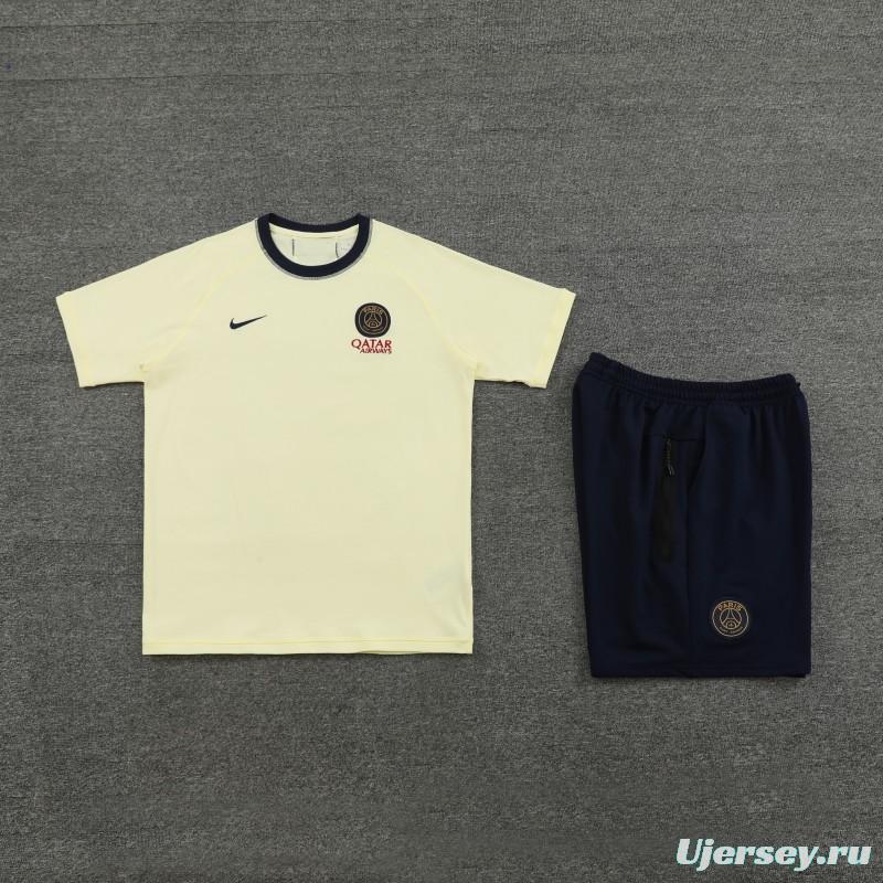 23/24 PSG Light Yellow Cotton Short Sleeve Jersey+Shorts