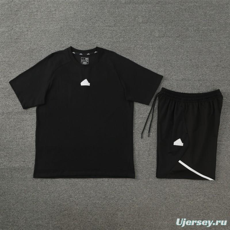 23/24 Adidas Black Cotton Short Sleeve Jersey+Shorts