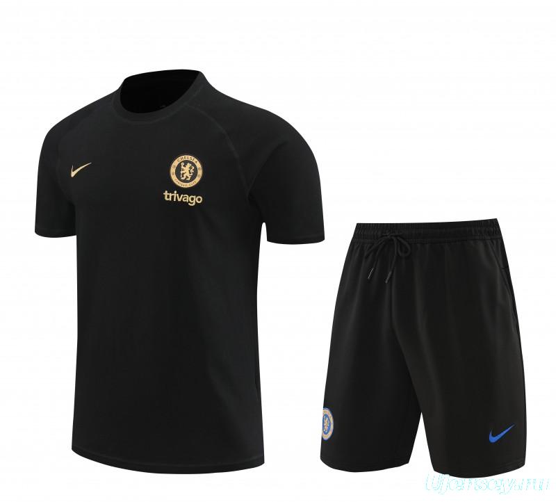 23/24 Chelsea Black Cotton Short Sleeve Jersey+Shorts