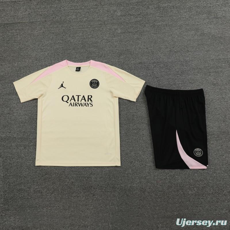 23/24 PSG Beige/Pink Cotton Short Sleeve Jersey+Shorts