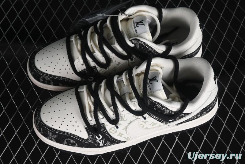 Nike SB Dunk Low LV Collaboration - Black Denim Print Anniversary High-End Custom Low-Top Casual Skate Shoes - SJ2068-238