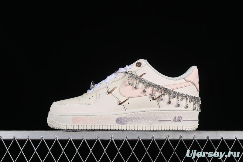 Nike Air Force 1 '07 Low Casual Sneakers in Romantic Pink-Purple with Diamond Chain Accessories - FV1122-333