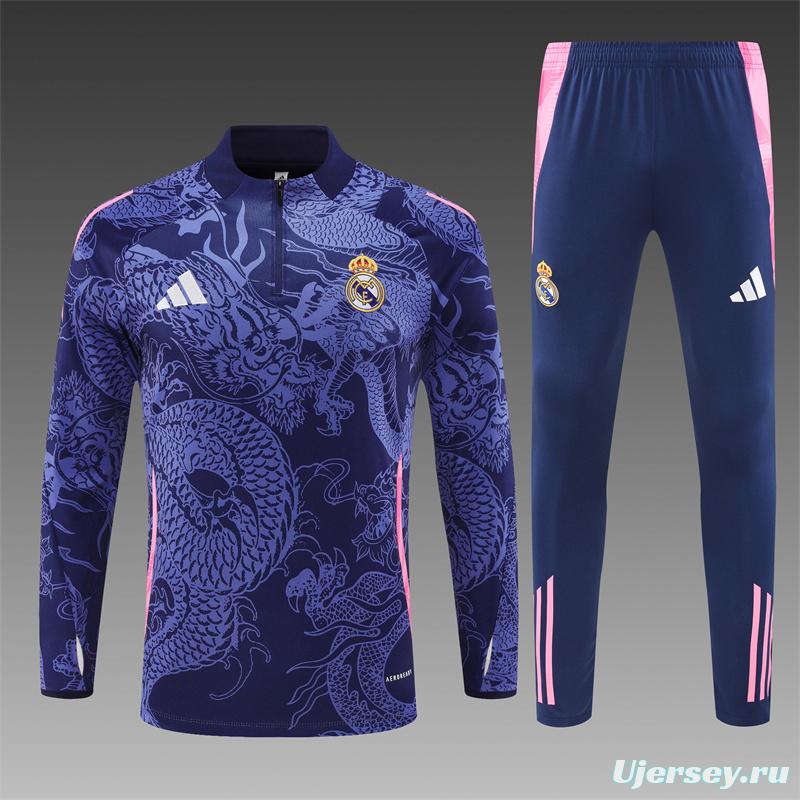 24/25 Real Madrid Navy Dragon Half Zipper Jacket+Long Pants