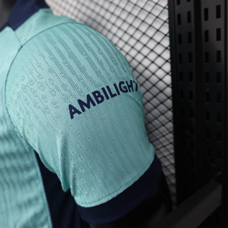 Player Version 25/26 Barcelona Blue 125Th Anniversary Mint Green Jersey with Navy Blue Stripe and Spotify Sponsor