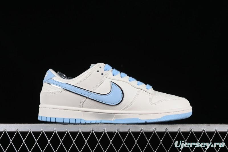 Stussy x Nike Dunk Low SB Skate Shoes in White with Light Blue Swoosh - DQ1098-380