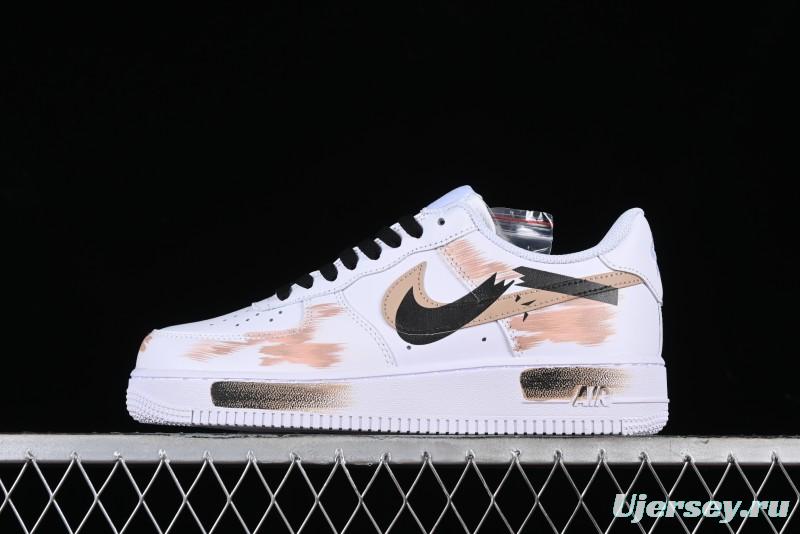 Nike Air Force 1 '07 Low Casual Sneakers with Anime-Inspired Hand-Painted Design, Broken Swoosh Shadow Effect, Brown/Black - CW2288-111