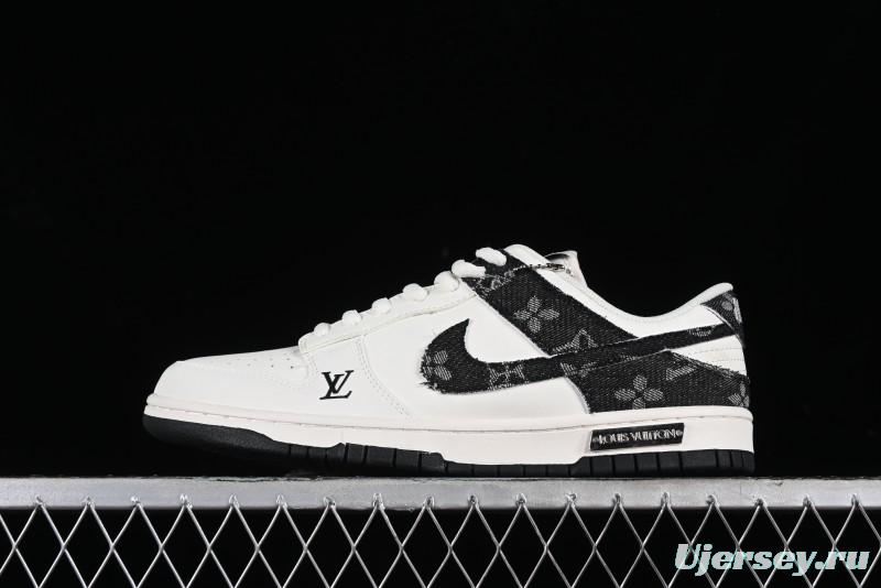 Nike SB Dunk Low LV Collaboration - Black Denim Off-White Black Swoosh Anniversary Custom Low-Top Casual Skate Shoes - DJ2024-009