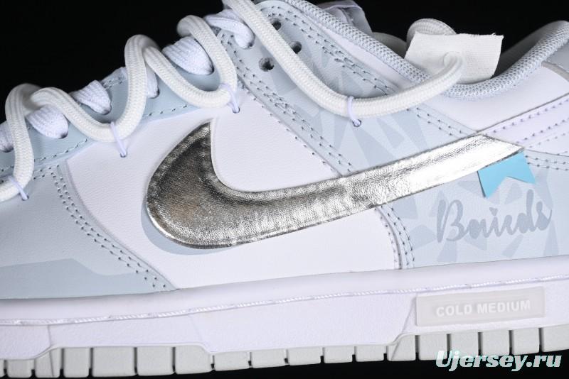 Nike Dunk Low Retro SB Casual Skate Shoes in Light Grey Blue with Silver Swoosh and Deconstructed Straps - HF0730-160