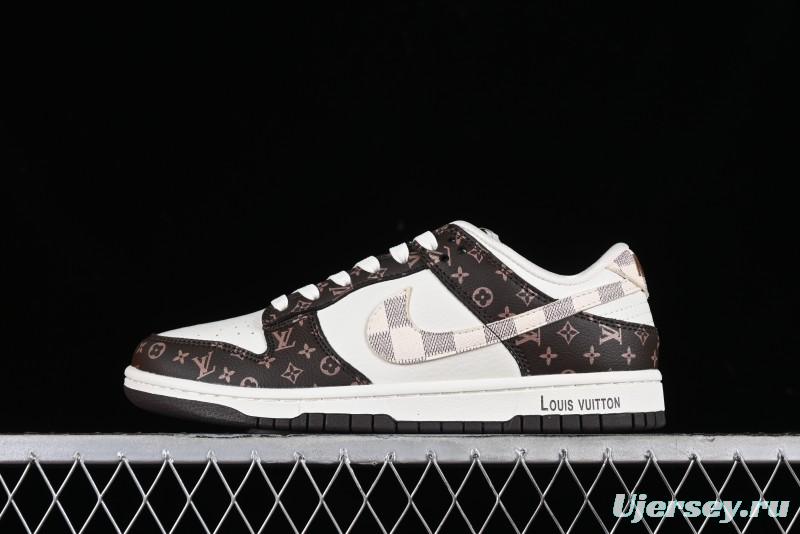 Nike SB Dunk Low LV Collaboration - Checkerboard Brown White Swoosh Anniversary High-End Custom Low-Top Casual Sneakers - SJ2068-253