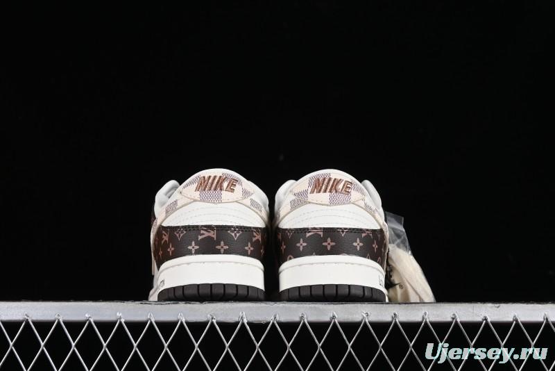 Nike SB Dunk Low LV Collaboration - Checkerboard Brown White Swoosh Anniversary High-End Custom Low-Top Casual Sneakers - SJ2068-253