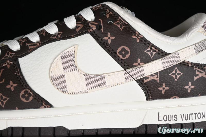 Nike SB Dunk Low LV Collaboration - Checkerboard Brown White Swoosh Anniversary High-End Custom Low-Top Casual Sneakers - SJ2068-253