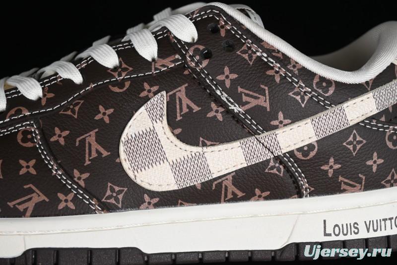 Nike SB Dunk Low LV Collaboration - Checkerboard Brown Monogram White Swoosh Anniversary High-End Custom Low-Top Casual Skate Shoes - SJ2068-255