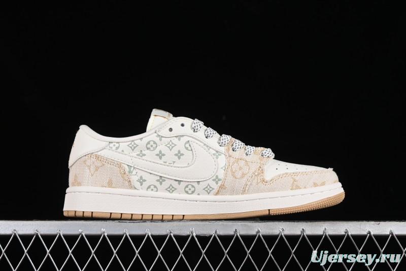 Nike Travis Scott x Fragment Design x Jordan Air Jordan 1 Low OG SP AJ1 LV Khaki Denim Casual Sneakers - SJ2068-009