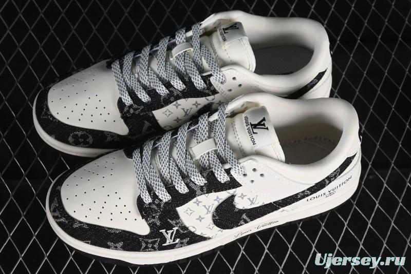 Nike SB Dunk Low LV Collaboration - Beige Black Denim Anniversary High-End Custom Low-Top Casual Skate Shoes - JH8310-946