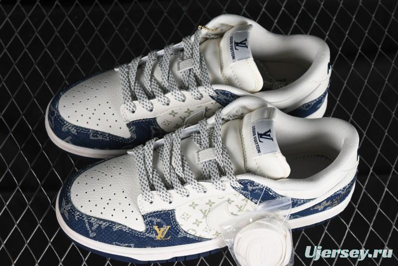 Nike SB Dunk Low LV Collaboration - Blue Denim Print Anniversary High-End Custom Low-Top Casual Sneakers - FC1688-162