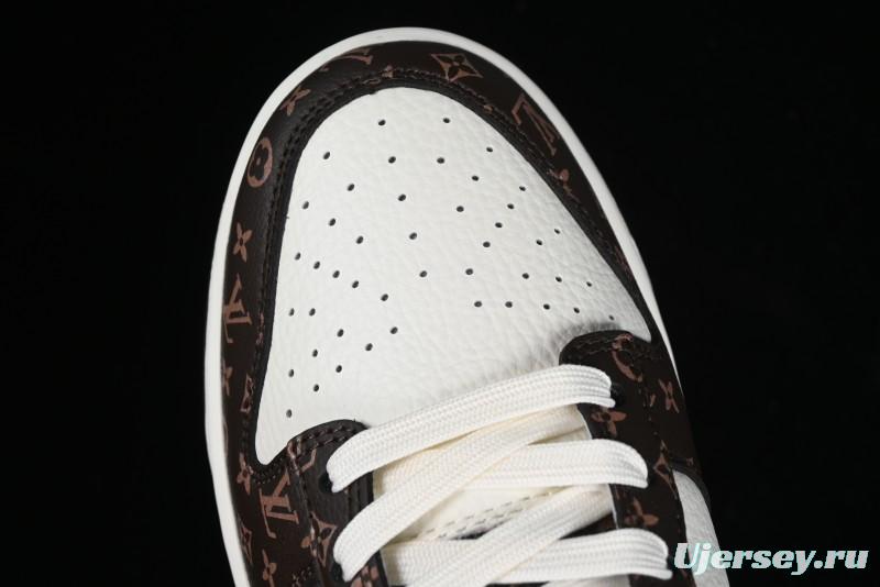 Nike SB Dunk Low LV Collaboration - Checkerboard Brown White Swoosh Anniversary High-End Custom Low-Top Casual Sneakers - SJ2068-253