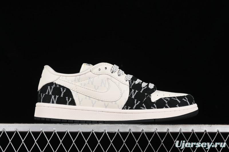 Nike Travis Scott x Fragment Design x Air Jordan 1 Low OG SP AJ1 MLB Collaboration - NY Black Print Low Top Casual Sneakers SJ2068-104