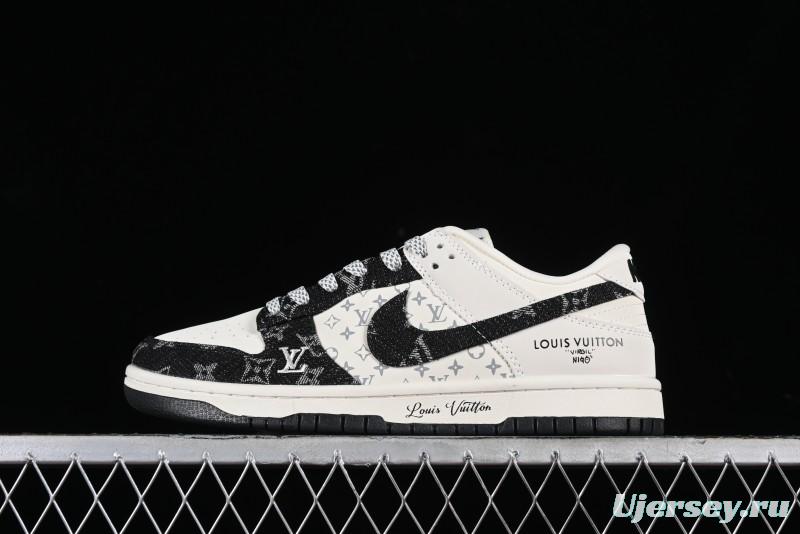 Nike SB Dunk Low LV Collaboration - Beige Black Denim Anniversary High-End Custom Low-Top Casual Skate Shoes - JH8310-946