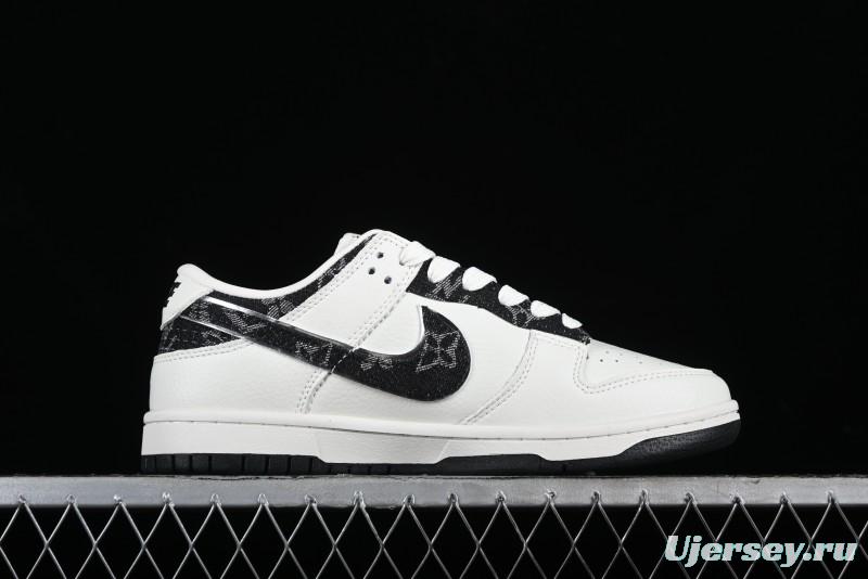 Nike SB Dunk Low LV Collaboration - Beige Black Denim Floral Anniversary High-End Custom Low-Top Casual Skate Shoes - XB3802-358