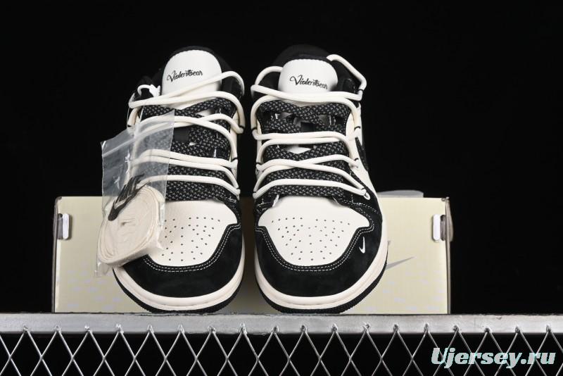 Nike Air Jordan 1 Low AJ1 x Violent Bear Collaboration - Black Beige Mark Line Custom Retro Basketball Shoes - SJ9950-013