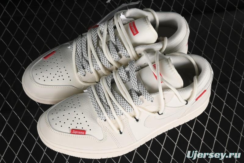 Nike Air Jordan 1 Low Supreme Collaboration - Retro Basketball Shoes in Off-White Red with Small Logo - SJ9950-017