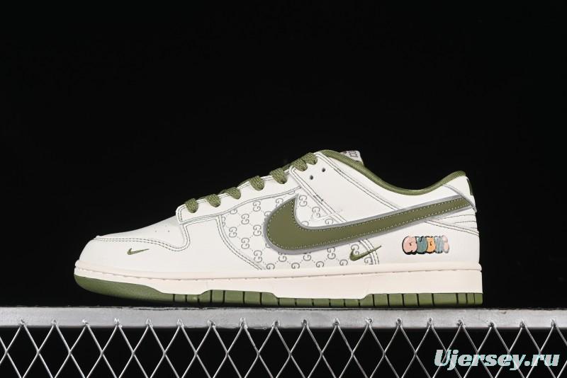 Nike SB Dunk Low Gucci Collaboration - Subtle Pattern Beige Green Swoosh Anniversary Custom Low-Top Casual Sneakers - KK1888-006