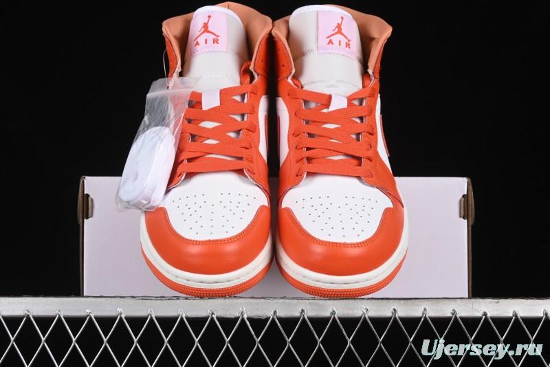Nike Air Jordan 1 Mid Basketball Shoes in White and Orange Colorway - BQ6472-108