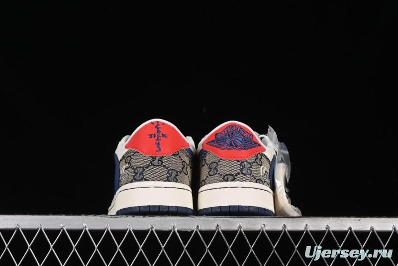Nike Travis Scott x Fragment Design x Air Jordan 1 Low OG SP AJ1 Gucci Collaboration - Silver Logo Blue Swoosh Low Top Casual Sneakers - XY2688-118