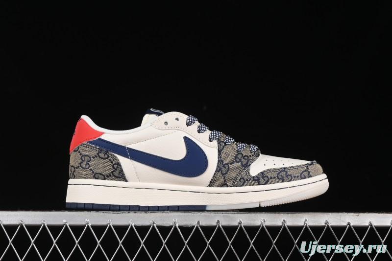 Nike Travis Scott x Fragment Design x Air Jordan 1 Low OG SP AJ1 Gucci Collaboration - Silver Logo Blue Swoosh Low Top Casual Sneakers - XY2688-118