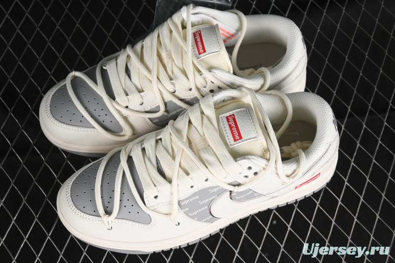 Nike SB Dunk Low Supreme Collaboration - Beige White Fox Lettering Anniversary High-End Custom Low-Top Casual Skate Shoes - JJ5688-106