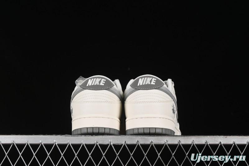 Nike SB Dunk Low Stussy Collaboration - White Grey Double Swoosh Anniversary High-End Custom Low-Top Casual Sneakers - XX2025-206
