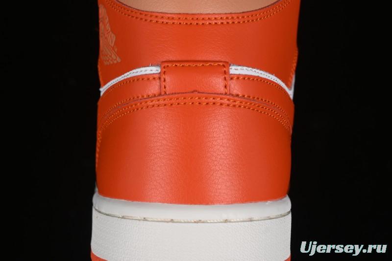 Nike Air Jordan 1 Mid Basketball Shoes in White and Orange Colorway - BQ6472-108